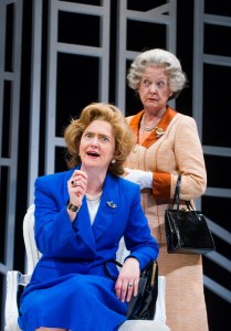 A younger Maggie listened to by the older Queen in Handbagged!